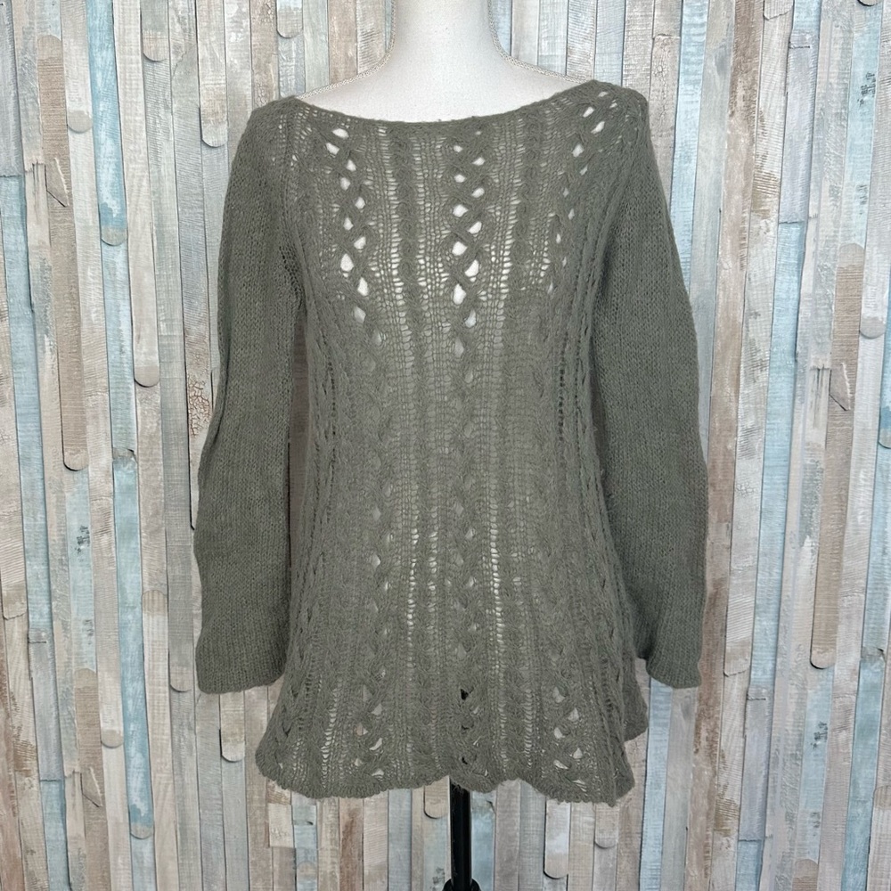 Wooden Ships S M Taupe Open Cable Knit Pullover Sweater Top Boho Mohair Wool